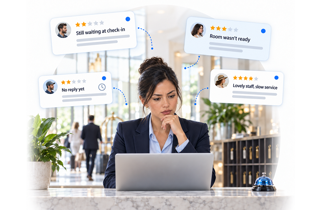 Hotel review dashboard showing unanswered reviews and recurring guest complaints